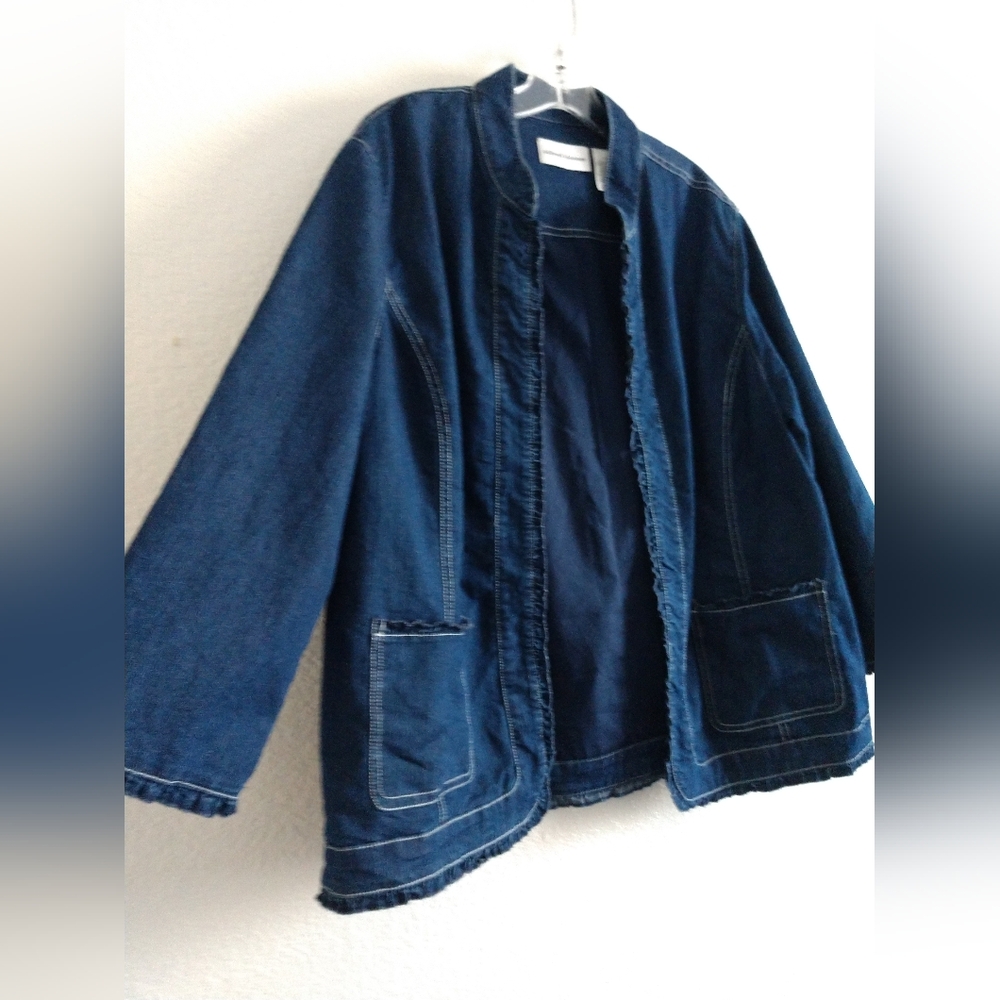 Alfred Dunner Denim Blazer Jacket Open Front Ruffle Detail Size 18 Chest 46" - Picture 2 of 7